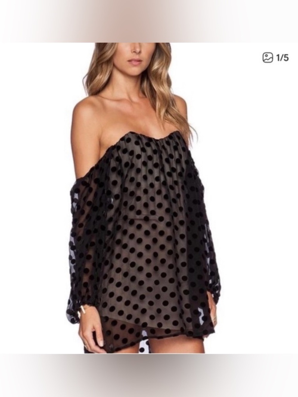 Stone Cold Fox Black Sheer Off-Shoulder Polka Dot Dress